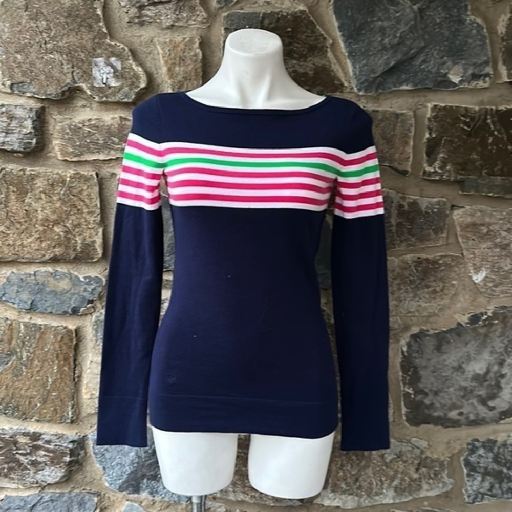 Lilly Pulitzer ‘Maria’ Striped Boat Neck Knit Sweater in Navy/Pink/Green Size S
